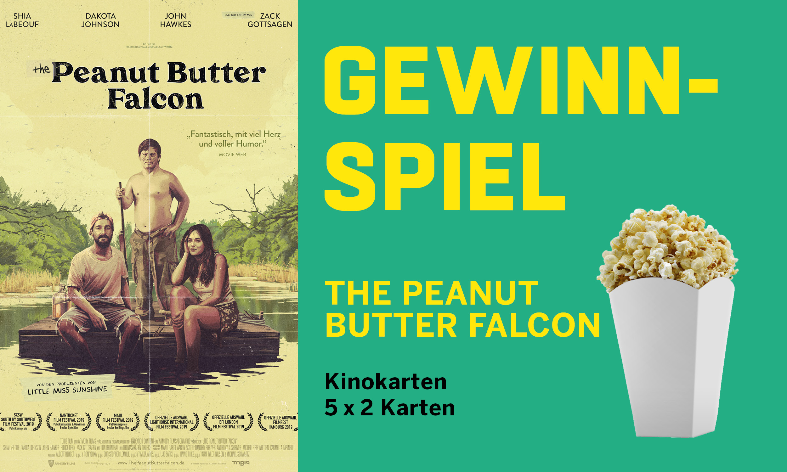 Für den Kinofilm PEANUT BUTTER FALCON verlost das STUDIERENDENWERK 5x2 Kinokarten. Für Studierende der Universität Duisburg-Essen, der Folkwang Universität der Künste und der Hochschule Ruhr West.