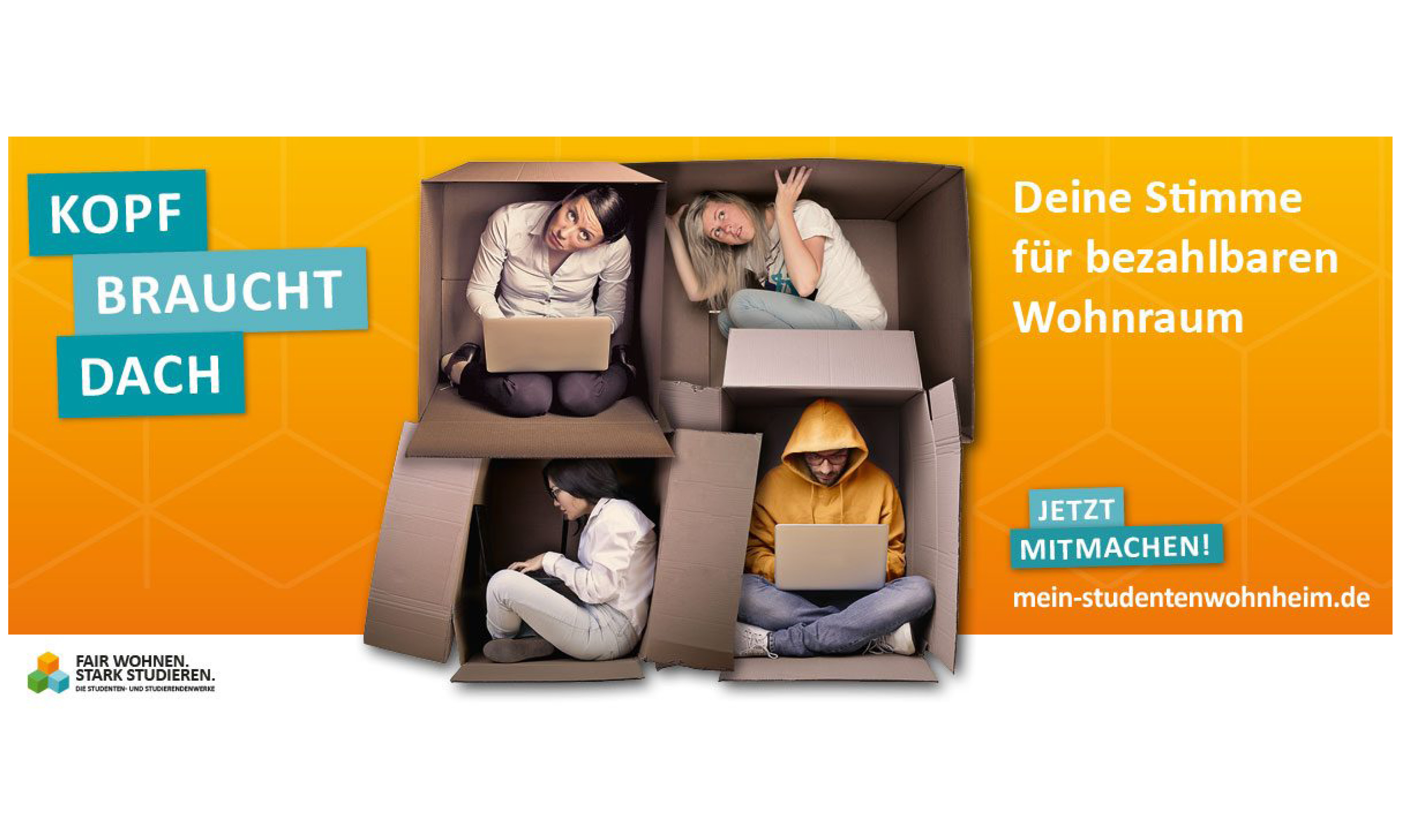 Kopf braucht Dach Kampagne der Studenten- und Studierendenwerke für mehr bezahlbaren Wohnraum für Studierende.